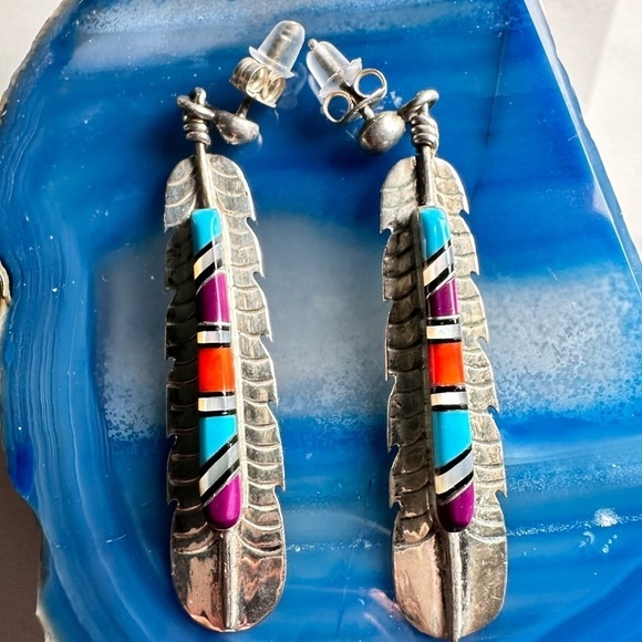 Navajo Turquoise Earrings Stone Inlay By FY FRANK YAZZIE Signed Sterling 925 - Picture 6 of 12